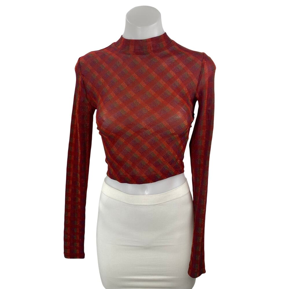 Urban Outfitters Red Plaid Mock Neck Long Sleeve Open Back Cropped Blouse Sz S
